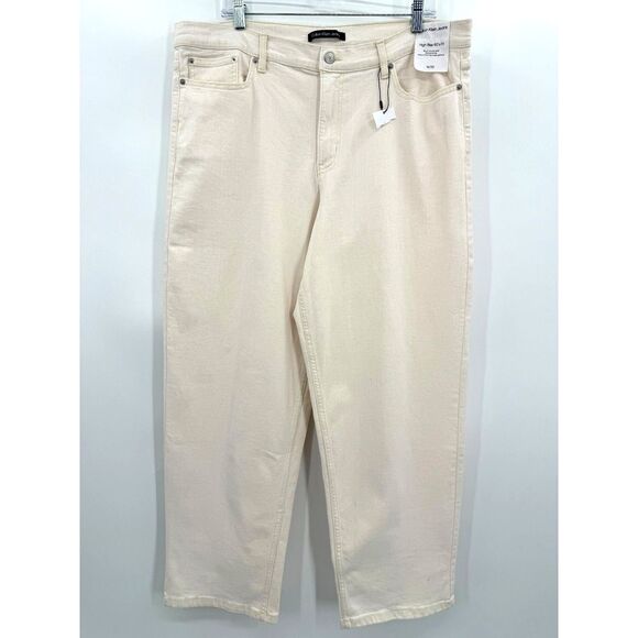 NWT CALVIN KLEIN Cotton High Rise 90s Fit Straight Leg Ecru Jeans Size 16 33 - Picture 4 of 11